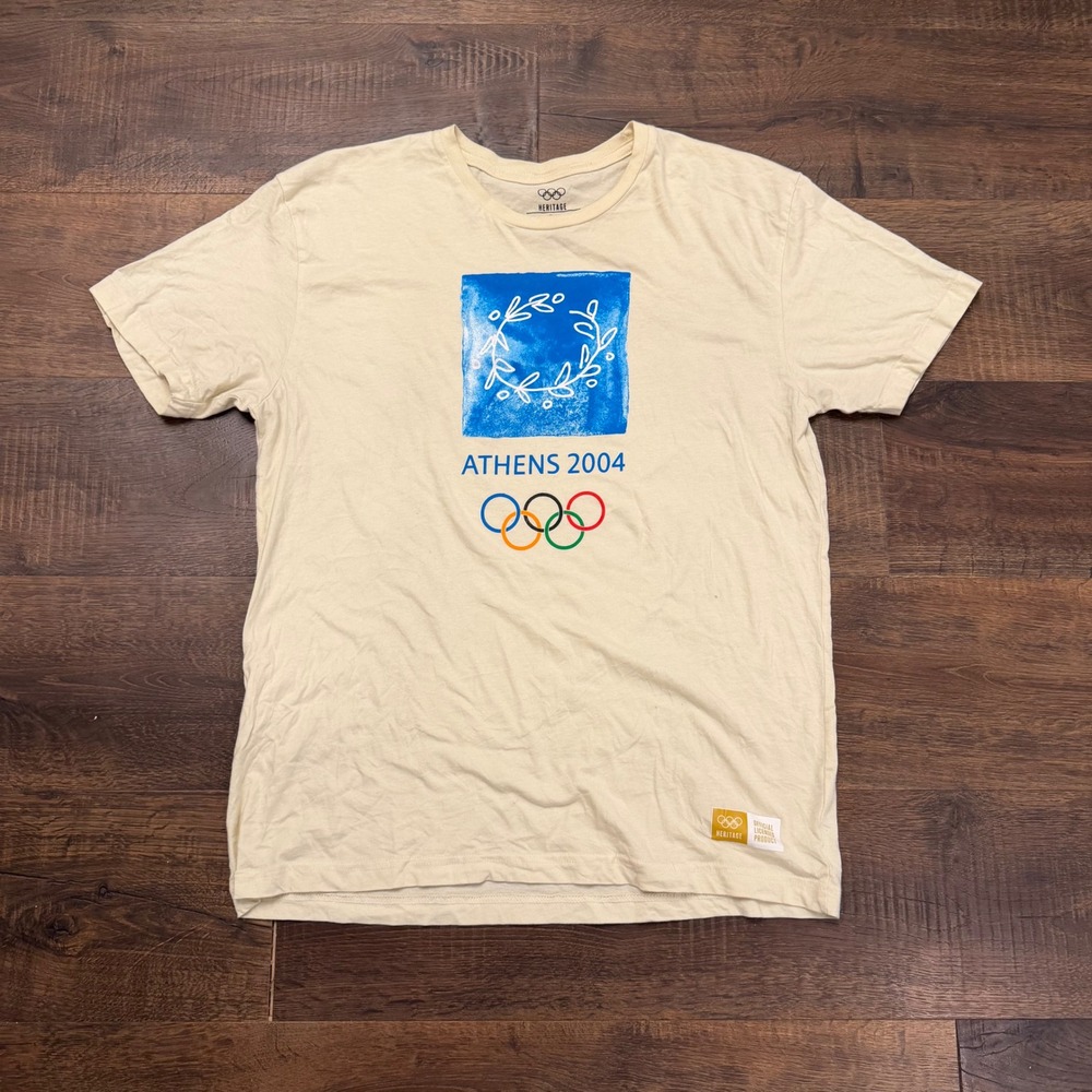 Olympic Heritage Athens 2004 Mens Graphic T-Shirt Cream Large Cotton Rings Logo